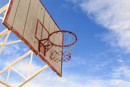 蓝色白圈蓝天背景的笼子篮球圈天空木板篮板游戏主题体育打篮球娱乐运动蓝色背景
