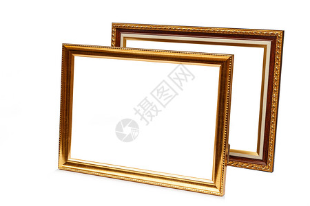 白色背景上孤立的相片框架艺术金子画廊绘画照片木头边界空白背景图片
