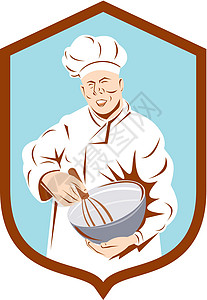 面包厨师保龄球盾牌 Retro插图混合器艺术品工人男性波峰帽子食品食物男人背景图片