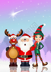 圣诞老人 精灵和驯鹿新年明信片卡通片雪花插图小精灵庆典景观礼物雪人背景图片