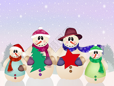雪人家庭庆典明信片插图卡通片新年季节夫妻景观背景图片