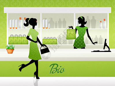 生物商店绿色店铺插图市场陈列柜零售女士生态环境食物背景图片