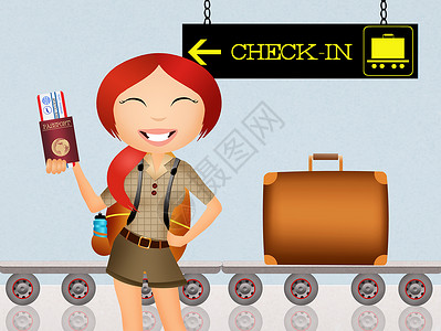 登入机场托运女孩微笑海关旅行管制护照飞机场门票插图背景图片