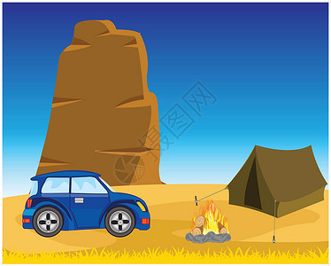 在沙漠中与汽车搭帐篷插画