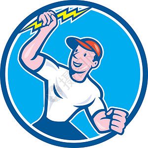 电动持家闪电博尔特圆圈力量帽子建设者工人闪电零售商插图线工卡通片电力架背景图片