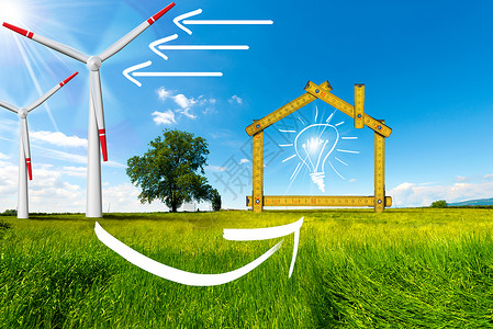 箭头电的生态之家     风能概念螺旋桨场地仪表光伏农场发电机统治者技术灯泡风力背景