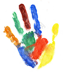 特写白上彩色手印手指艺术品个性拇指棕榈邮票烙印身份墨水乐趣背景图片