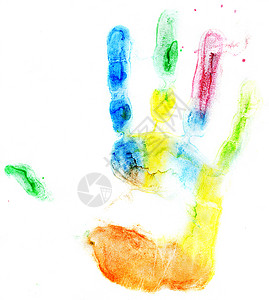 特写白上彩色手印棕榈指纹手指痕迹彩虹教育绘画创造力工艺墨水背景图片
