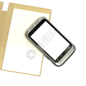 带便记本的用过的智能手机办公室商业文档教育电话杂志白色笔记本棕色日记背景图片