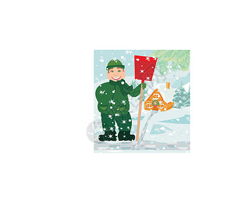圣诞别墅人铲雪灾难风暴降雪城市房子别墅交通情况插图雪堆插画