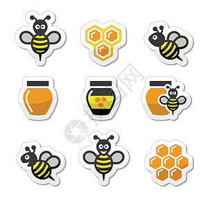 蜂窝图标蜜蜂和蜂蜜矢量图标集细胞蜂蜡六边形花粉餐厅翅膀卡通片飞行大忙插图插画