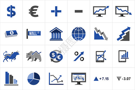 牛市图标股票市场融资成套图标经理图标集手机蓝色银行世界商业电子商务元素上图插画