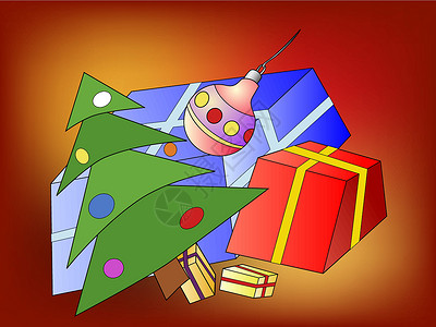 圣诞树和圣诞礼物展示卡通片情绪嘉年华漫画手绘插图庆典绘画礼物背景图片