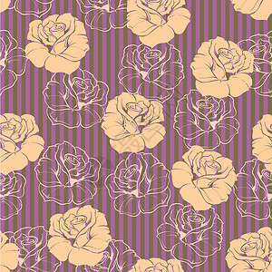 带有优雅蜜蜂玫瑰和紫色条纹背景的瓷质矢量花粉模式高清图片