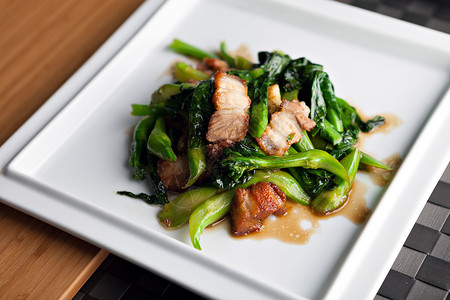 泰国式猪肉菜辣椒厨房午餐营养盘子烹饪豆芽美食食谱猪肉背景图片