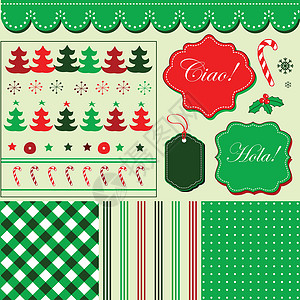 圣诞节贴纸圣诞套条纹笔记新年庆典织物绗缝卡片糖果标签快乐设计图片