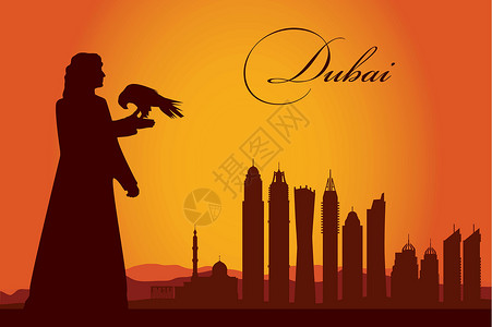 迪拜塔迪拜市天际环影背景全景明信片文化海报传统插图旗帜摩天大楼城市建筑学插画