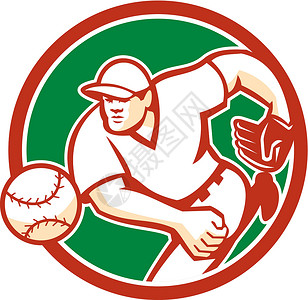 美国棒球球推球员 扔球回转环手套男性野手玩家圆圈运动男人插图艺术品投手插画