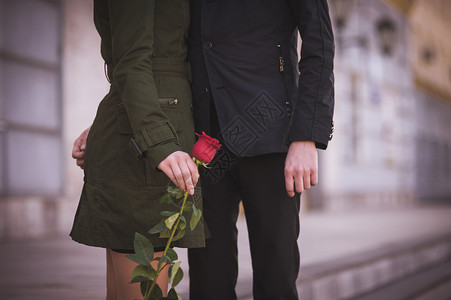 一对一对夫妇手牵手 与红玫瑰在一起 没有脸背景图片