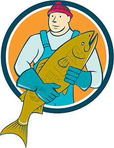 鱼 鲑鱼和鱼圈男人艺术品插图屠夫工人男性圆圈卡通片零售商背景图片