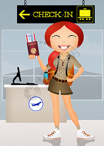 登入机场管制旅行出港插图托运海关门票行李手提箱游客背景图片