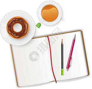 茶笔带笔记本和茶叶的场景桌子工作盘子药片铅笔杯子文档气泡办公室午餐插画