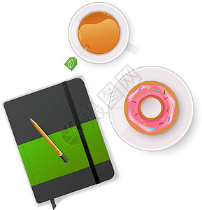 茶笔带笔记本和茶叶的场景插图教科书文档桌子教育日记药片气泡商业小样插画