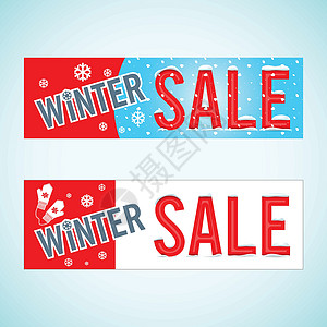 向量 冬季销售红色蓝色横幅广告手套雪花背景图片