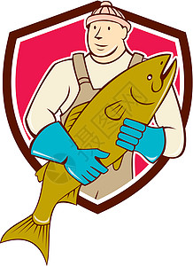 鲑鱼鱼盾牌渔船捕捞渔贩卡通艺术品男性波峰工人屠夫男人零售商手套插图卡通片背景图片