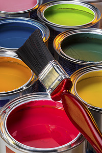 油漆和装饰黄色水性工具装潢罐头红色装潢师绘画画笔设计背景图片