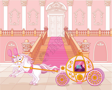 灰姑娘水晶鞋公平粉色运输车邀请函夹子栏杆绘画卡通片卡片富豪故事楼梯插图设计图片