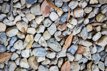 公园里鹅卵石的自然背景图像 有干叶岩石海滩建造碎石花岗岩装饰品花园曲线小路假期背景图片
