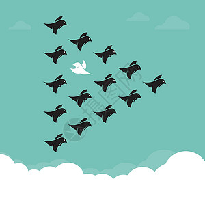 异类觉醒鸟群在天空中飞翔 有不同的概念异类动物优胜者移民蓝色商业插图白色异质工作设计图片