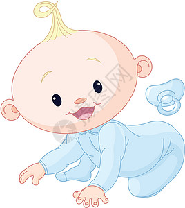 踮着脚尖可爱的爬动婴儿传单童年插图蓝色邀请函微笑孩子连身衣脚尖卡通片设计图片