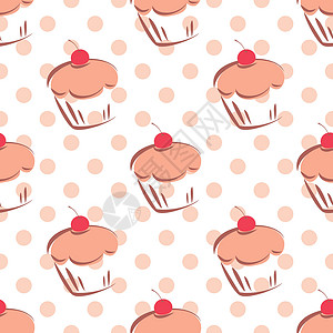 粉质细腻带有樱桃蛋糕和白底粉粉红圆点的薄质矢量模式面包墙纸卡片庆典食物烹饪生日博客淋浴涂鸦插画