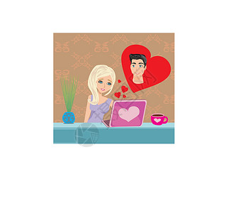网上的爱数字女士男生消息插图女孩笔记本咖啡桌子男人背景图片