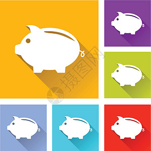 影子银行小猪银行图标金融纽扣网络蓝色绿色红色阴影银行经济正方形插画