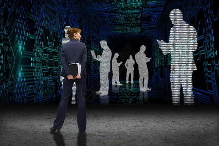 商业妇女看女的复合形象绿色套装计算女士公司人士蓝色女性矩阵白色背景图片