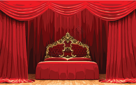 红色床红色幕幕台上的矢量床窗帘织物手势礼堂歌词播音员剧场场景艺术歌剧插画