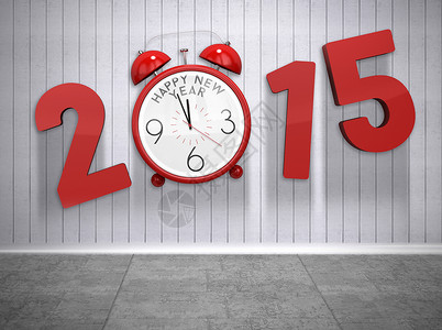 2015年带闹钟的复合图像绘图房间红色时间警报灰色计算机阴影新年背景图片