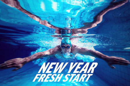 由他自己进行健身游泳训练的复合形象肌肉身体游泳者男性泳裤生活方式新年闲暇水池活动背景图片