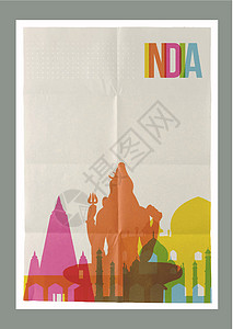 印度孟买市印度旅行标志性天线旧年海报插画