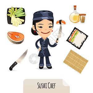 鱼刀女性寿司厨师图标集设计图片