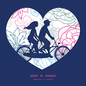 表爱双环自行车心脏轮心表框图案贺卡模板的矢量灰色和粉红色直线花偶夫妇插画