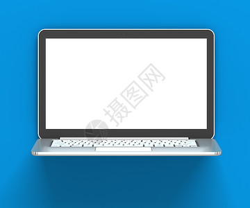 蓝色墙上有空白屏幕的膝上电脑 3d背景图片