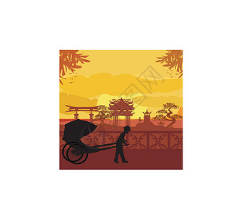 两轮中国人力车栏杆太阳寺庙阳光旅行旅游场景天空日落天际设计图片