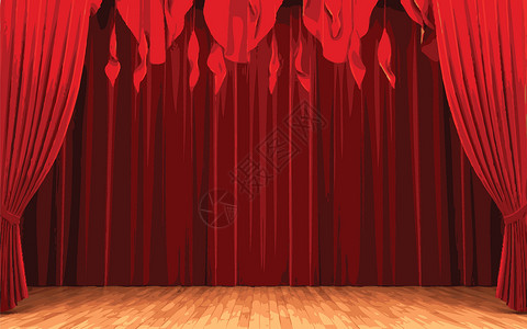 丰裕红天鹅绒幕帘打开场景推介会手势剧院歌词红色剧场布料观众织物行动插画