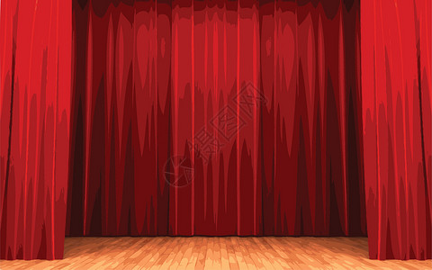 红玉帘红天鹅绒幕帘打开场景红色窗帘艺术布料手势剧场织物歌词剧院展示插画