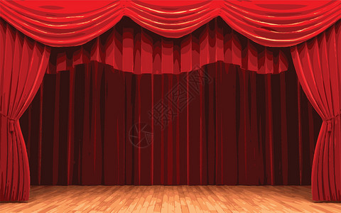 红天鹅绒幕帘打开场景礼堂窗帘红色播音员气氛观众剧场布料艺术展示背景图片