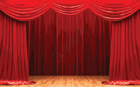 红色幕帘红天鹅绒幕帘打开场景手势剧院礼堂播音员展示织物歌剧气氛歌词窗帘插画